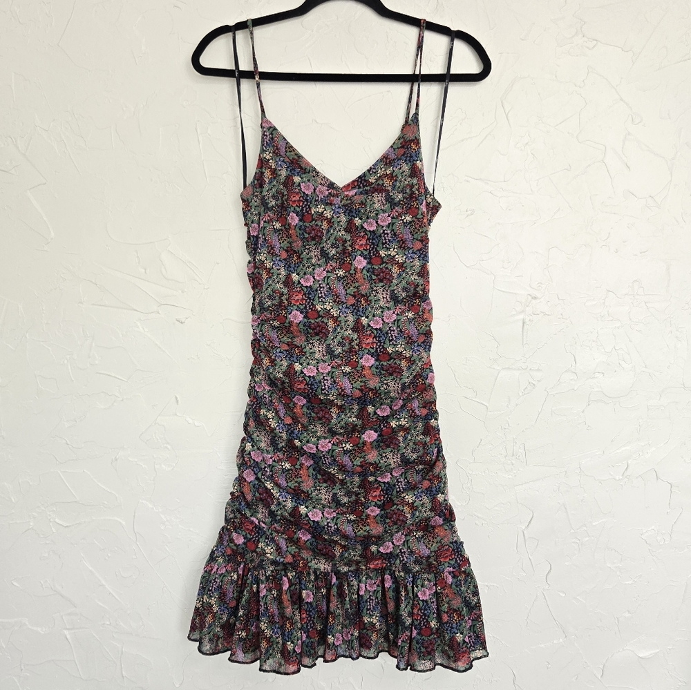Lulu's Floral Mesh Ruched Green Pink Dress, M - Picture 2 of 14